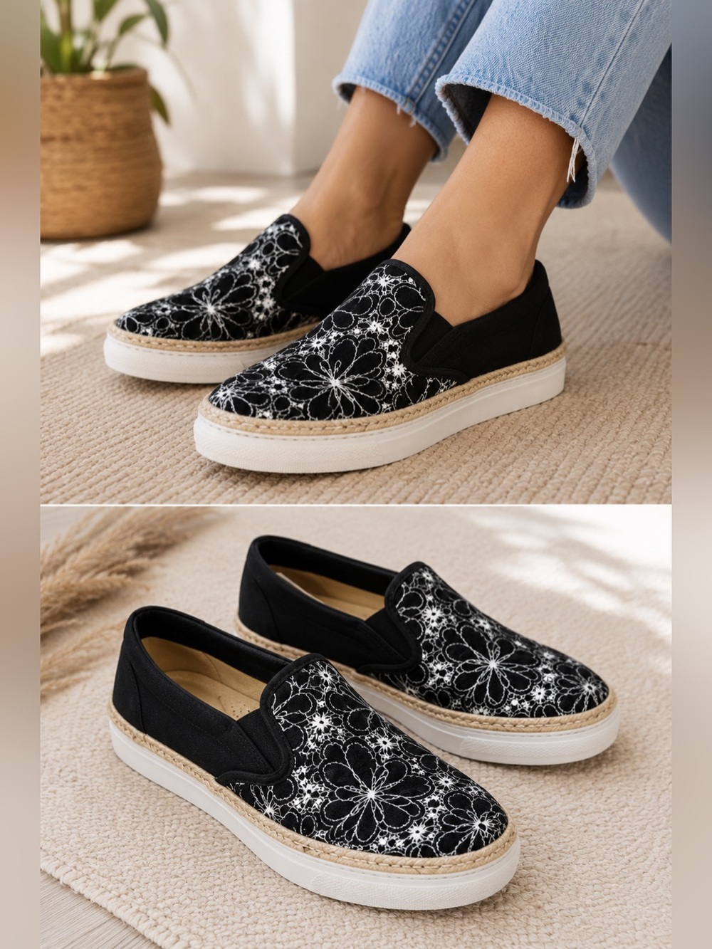 Clarks Elaina Harbor Black White Floral Slip-On Sneakers Sz 12